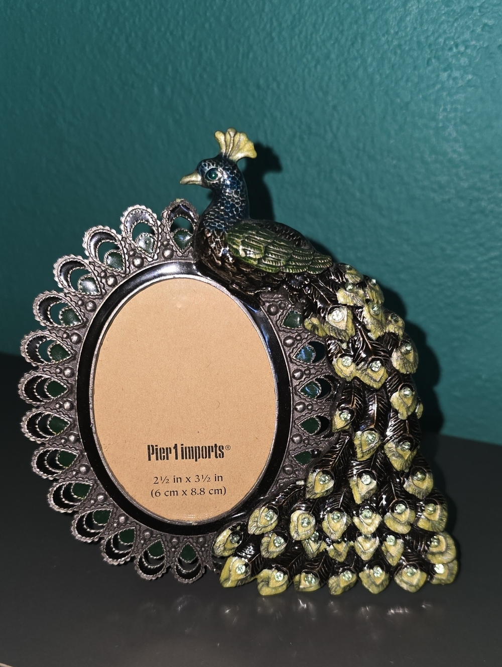 Pier 1 Green and Gold Peacock Oval Photo Frame 2.5" X 3.5"